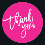 THANK YOU modern script type packaging hot pink Classic Round Sticker<br><div class="desc">by kat massard >>> https://linktr.ee/simplysweetpaperie <<< A fresh and fashionable casual look for your business or personal use Easy to customise with your own text - make it yours! TIP :: 1. Reposition / Resize or add more text by hitting the "CUSTOMIZE IT" button to ensure it is perfectly balanced....</div>