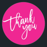 THANK YOU modern script type packaging hot pink Classic Round Sticker<br><div class="desc">by kat massard >>> https://linktr.ee/simplysweetpaperie <<< A fresh and fashionable casual look for your business or personal use Easy to customise with your own text - make it yours! TIP :: 1. Reposition / Resize or add more text by hitting the "CUSTOMIZE IT" button to ensure it is perfectly balanced....</div>