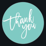 THANK YOU modern script type packaging mint green Classic Round Sticker<br><div class="desc">by kat massard >>> https://linktr.ee/simplysweetpaperie <<< A fresh and fashionable casual look for your business or personal use. Easy to customise with your own text - make it yours! TIP :: 1. Reposition / Resize or add more text by hitting the "CUSTOMIZE IT" button to ensure it is perfectly balanced....</div>