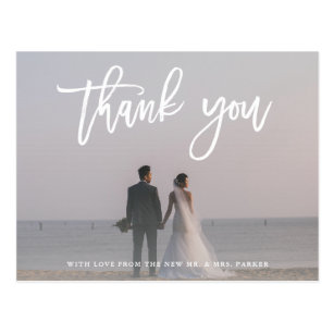 Thank You | Modern Script with Wedding Photo Postcard