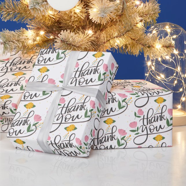 Thank you-Modern typography & floral accents Wrapping Paper (Holidays)