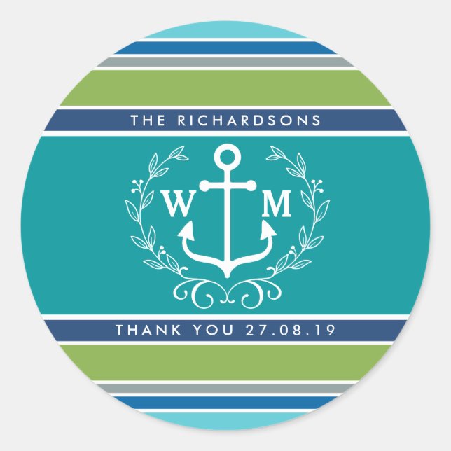 Thank You Monogram Anchor Laurel Wreath Stripes Classic Round Sticker (Front)