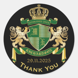 Thank You Monogram Coat of Arms Green Gold Griffin Classic Round Sticker