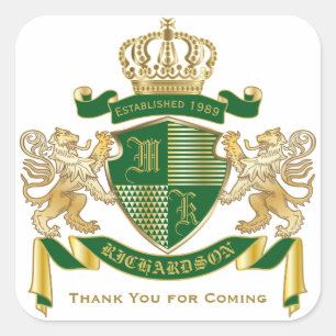 Thank You Monogram Coat of Arms Green Gold Lion Square Sticker
