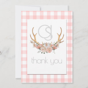 Thank you - Monogram Coral Gingham Floral BOHO Card