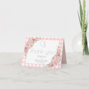 Thank You   Monogram Coral Gingham Note Card