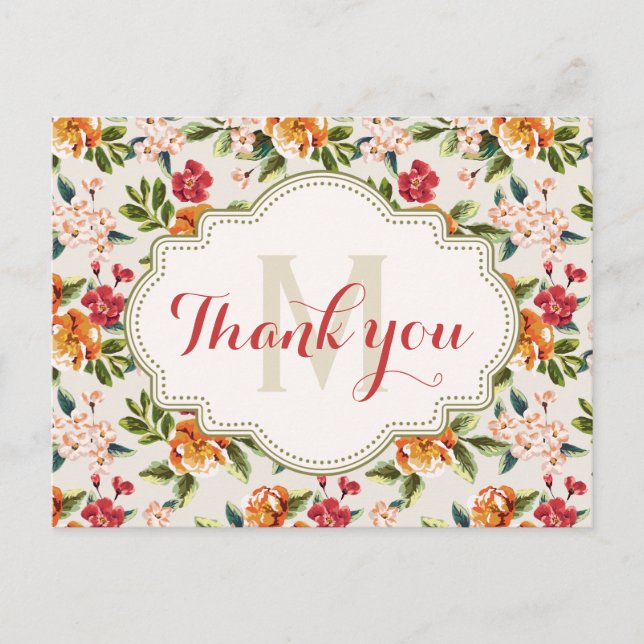 Thank You - Monogram Elegant Beautiful Floral Postcard (Front)