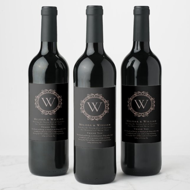Thank You Monogram Wedding Black Copper Blush Wine Label (Bottles)