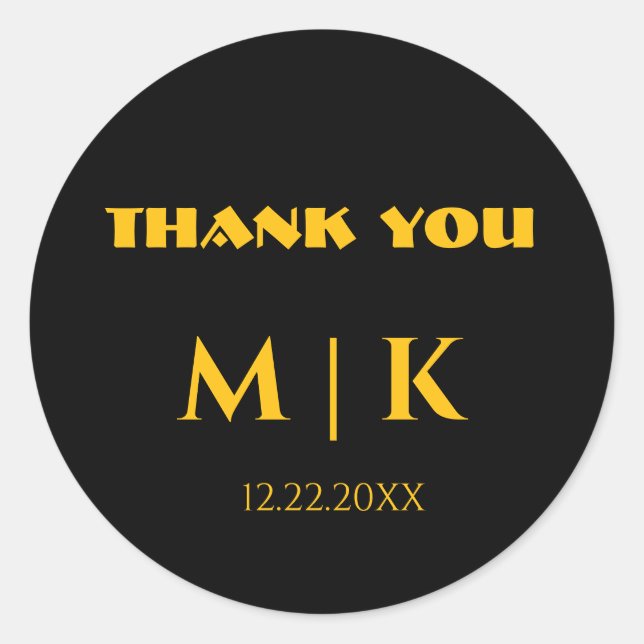 Thank You Monograms Wedding Gold Yellow Black  Classic Round Sticker (Front)