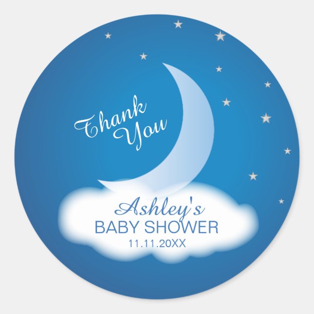 Thank You Moon and Stars Baby Shower - Blue/White Classic Round Sticker (Front)