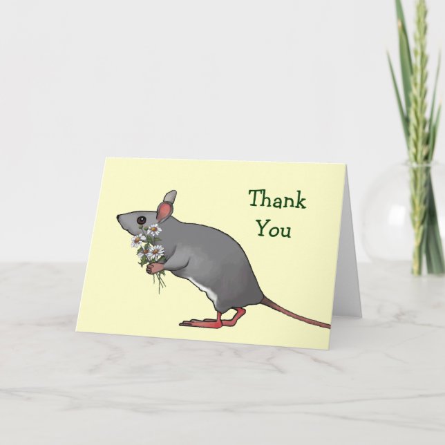 Thank You: Mouse Carrying Bouquet of Daisies Thank You Card (Front)