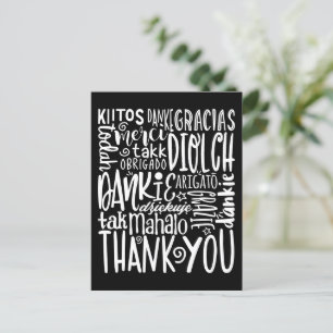Thank You Multi Languages White Typography Black Postcard