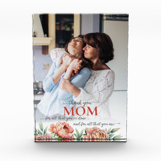 Thank You Mum Floral Pastel Pink Peonies Custom Photo Block (Front)
