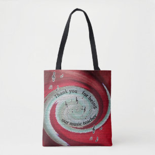 Thank You Music Teacher Red Swirls Musical Notes Tote Bag