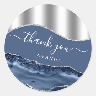 Thank You Name 16th Bridal Blue Navy Silver Marble Classic Round Sticker
