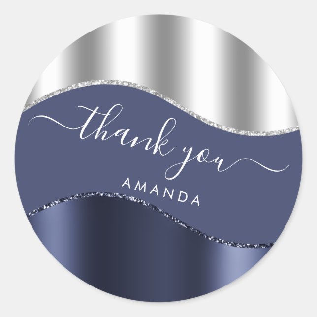 Thank You Name 16th Bridal Blue Navy White Silver Classic Round Sticker (Front)