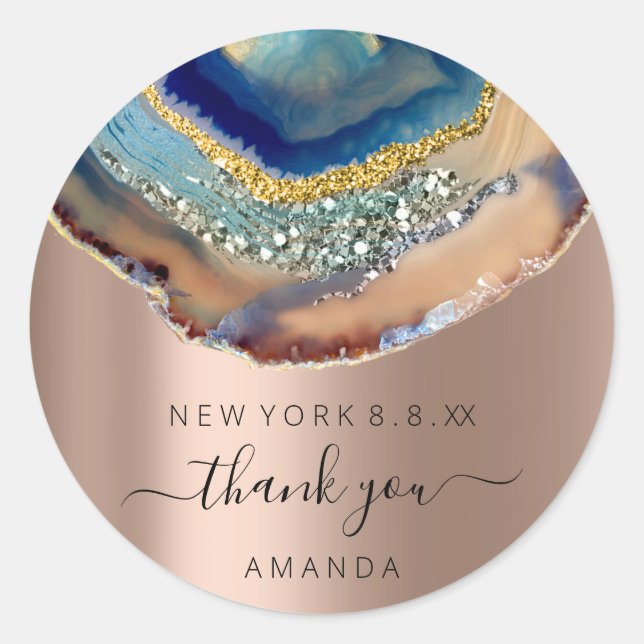 Thank You Name 16th Bridal Glitter Rose Gold Blue Classic Round Sticker (Front)
