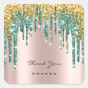 Thank You Name 16th Bridal Rose Glitter Teal Gold Square Sticker