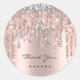 Thank You Name 16th Bridal Rose Grey Glitter Drips Classic Round Sticker