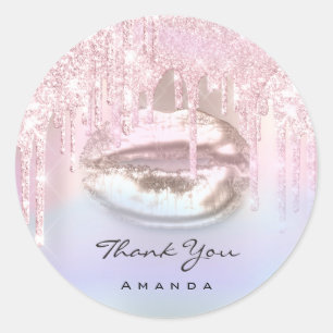 Thank You Name Bridal Pink Rose Holograph Kiss Lip Classic Round Sticker