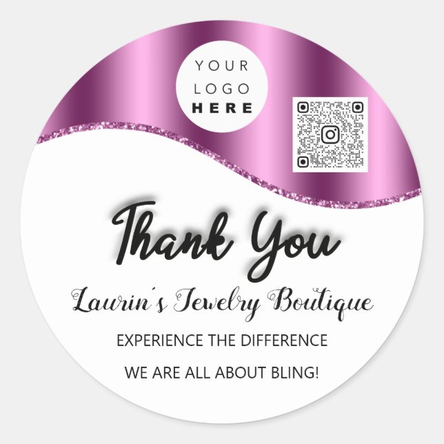 Thank You Name Custom Logo Qr Code Pink Classic Round Sticker (Front)