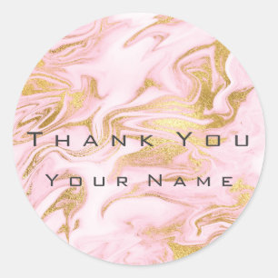 Thank You Name Custom Marble Gold Pink  Metallic Classic Round Sticker