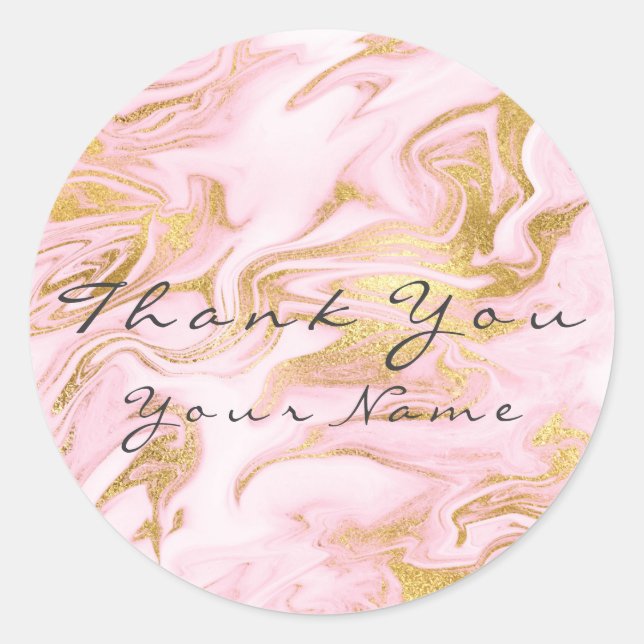 Thank You Name Custom Marble Gold Pink Rose Glam Classic Round Sticker (Front)
