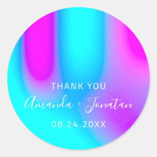Thank You Name Date Blue Aqua Pink Abstract Classic Round Sticker