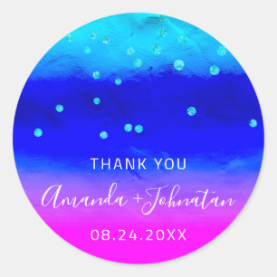 Thank You Name Date Blue Aqua Pink Confetti Classic Round Sticker