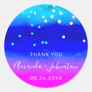 Thank You Name Date Blue Aqua Pink Confetti Modern Classic Round Sticker