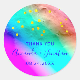 Thank You Name Date Blue  Gold Confetti Rainbow Classic Round Sticker