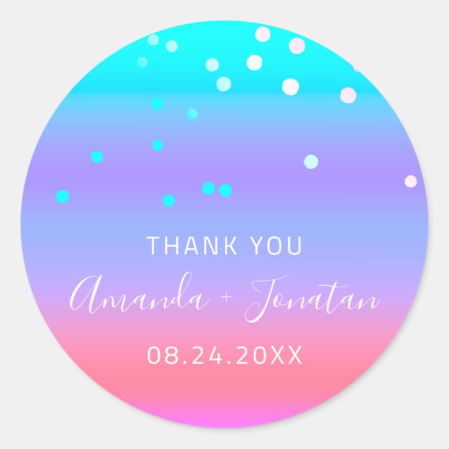Thank You Name Date Blue Pink Aqua Pink Confetti Classic Round Sticker (Front)