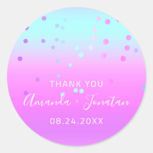 Thank You Name Date Blue Pink Pastel Confetti Classic Round Sticker
