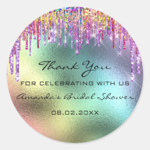Thank You Name Date Rainbow Drips Holographic Classic Round Sticker