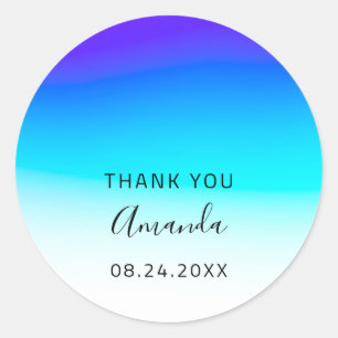 Thank You Name Date Sweet 16th Wedding Ombre Blue Classic Round Sticker