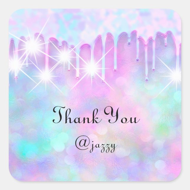 Thank You Name Drip Favour Holograph Pink Blue Square Sticker (Front)
