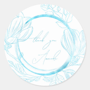 Thank You Name Floral White Blue Wedding Bridal Classic Round Sticker