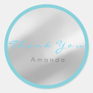 Thank You Name Grey Ocean Blue Black Classic Round Sticker