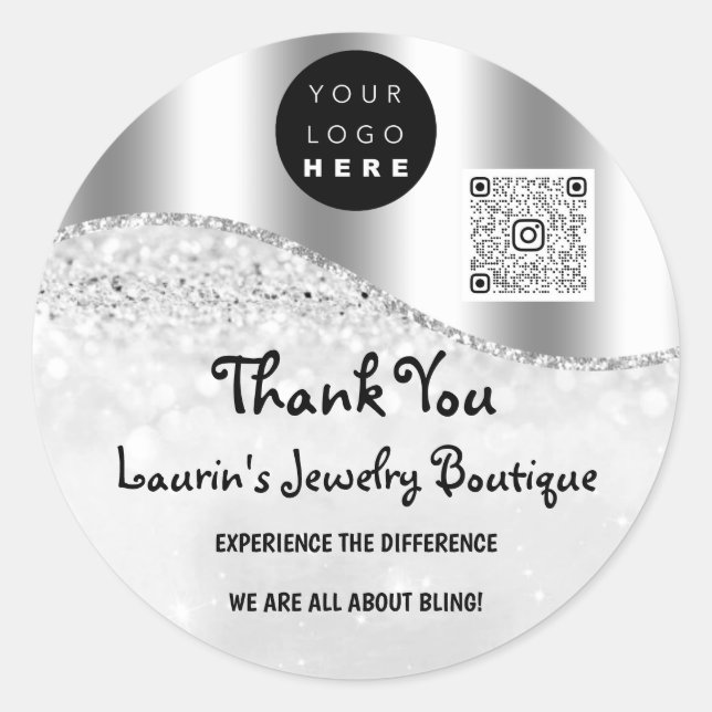 Thank You Name Logo Qr Code Grey Silver Glitter Classic Round Sticker (Front)