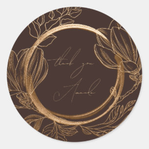 Thank You Name Magnolia Floral Garden Gold Brown  Classic Round Sticker