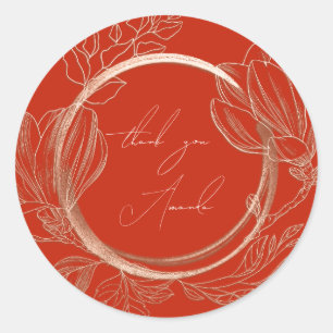 Thank You Name Magnolia Floral Garden Rose RedGold Classic Round Sticker