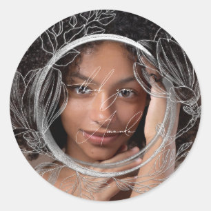 Thank You Name Magnolia Floral Garden Silver Grey Classic Round Sticker