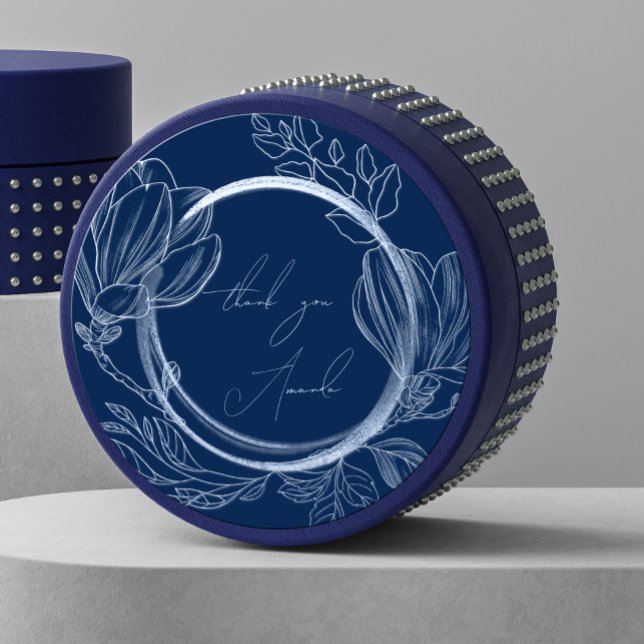 Thank You Name Magnolia Floral Smoky Blue Navy Classic Round Sticker (Creator Uploaded)