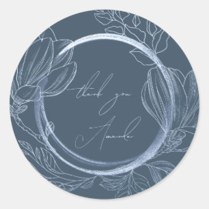 Thank You Name Magnolia Floral Smoky Blue Wedding Classic Round Sticker