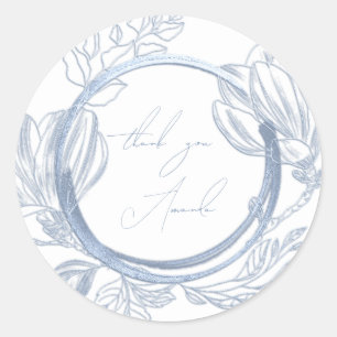 Thank You Name Magnolia Floral Smoky Blue White Classic Round Sticker
