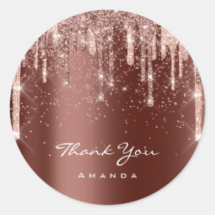 Thank You Name Rose Drips Glitter Brown Classic Round Sticker