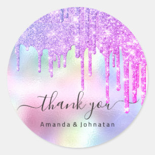 Thank You Name Wedding Glitter Holograph Drips Classic Round Sticker
