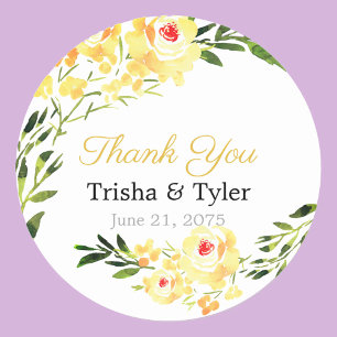 Thank You, Names & Date Yellow W/C Flowers Wedding Classic Round Sticker