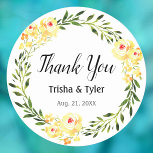 Thank You, Names & Date Yellow W/C Flowers Wedding Classic Round Sticker