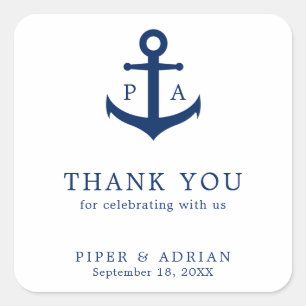 Thank You Nautical Anchor Monogram Wedding Favour Square Sticker